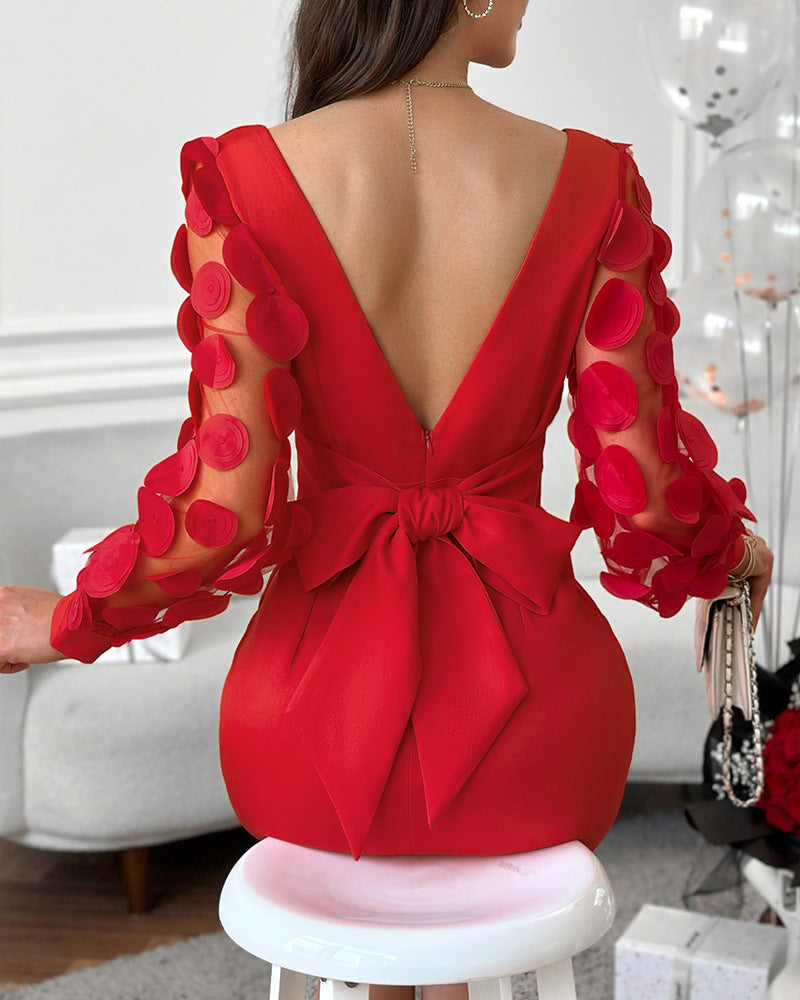Red Mesh Jacquard Backless Casual Long Sleeve Dress