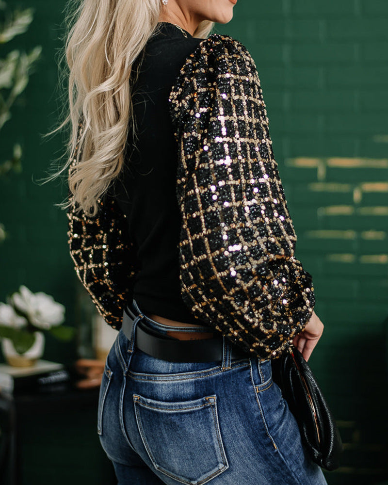 Checkered Sequins Splicing Long Sleeve Sweater