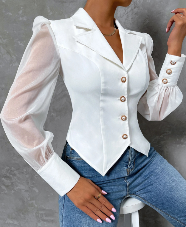 Mesh Splicing Long Sleeves Buttoned Shirt