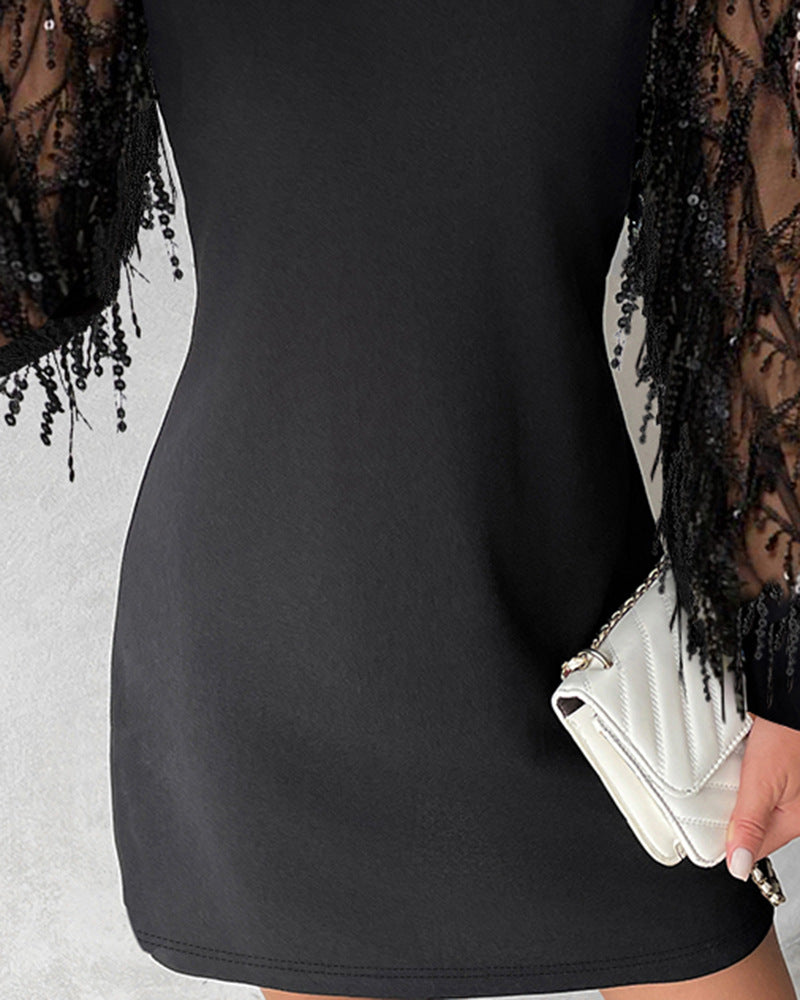 Round Neck Long Sleeves Bead Tablet Splicing Dress