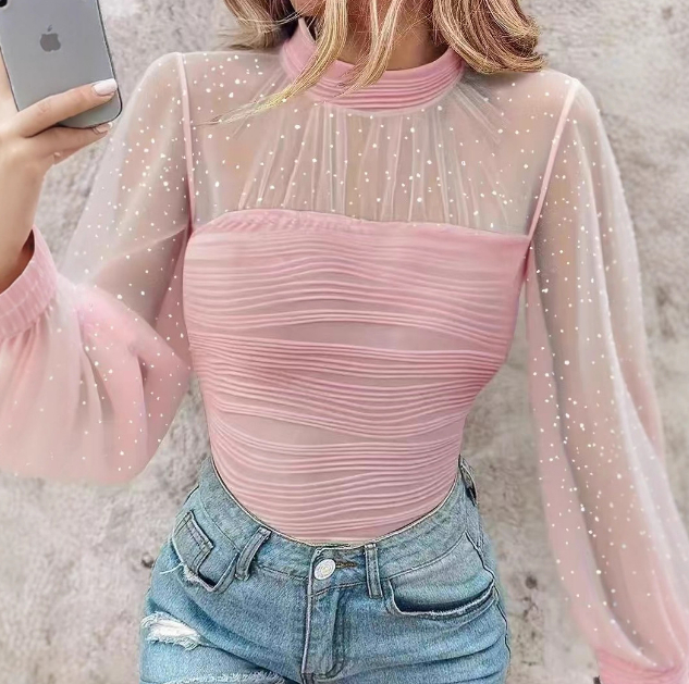 Solid Color Pearl Mesh Splicing Long Sleeved Top