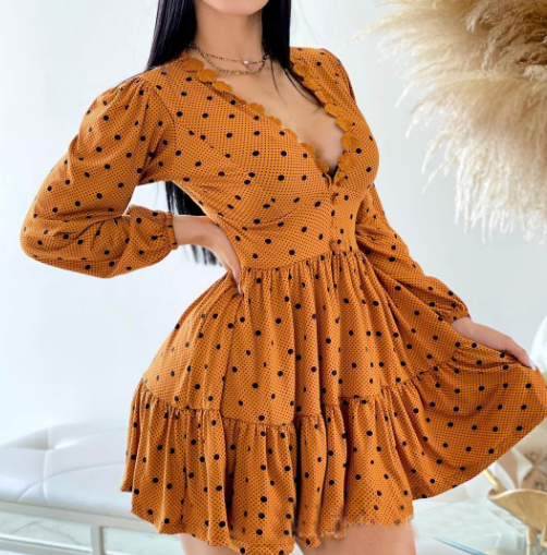 Fashion Elegant Deep V-Neck Long Sleeved Dress