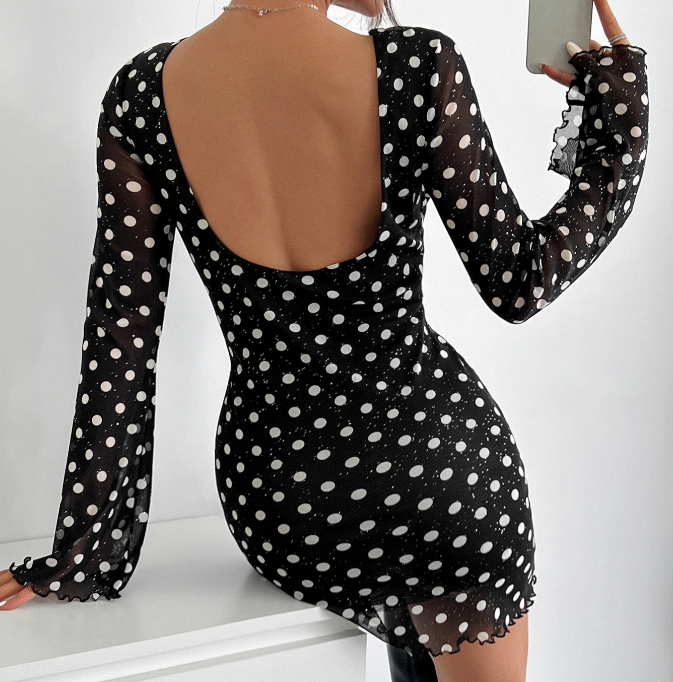 Elegant Printed Round Neck Backless Long Sleeved Dress