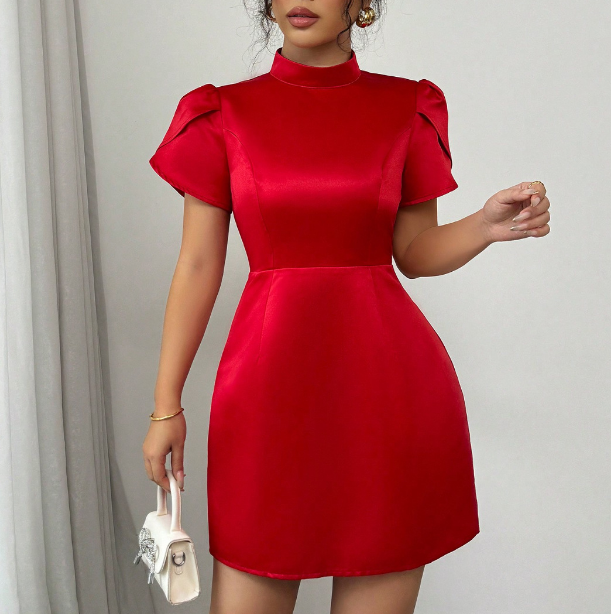 Women'S Temperament Bow Short Sleeved High Waisted Dress