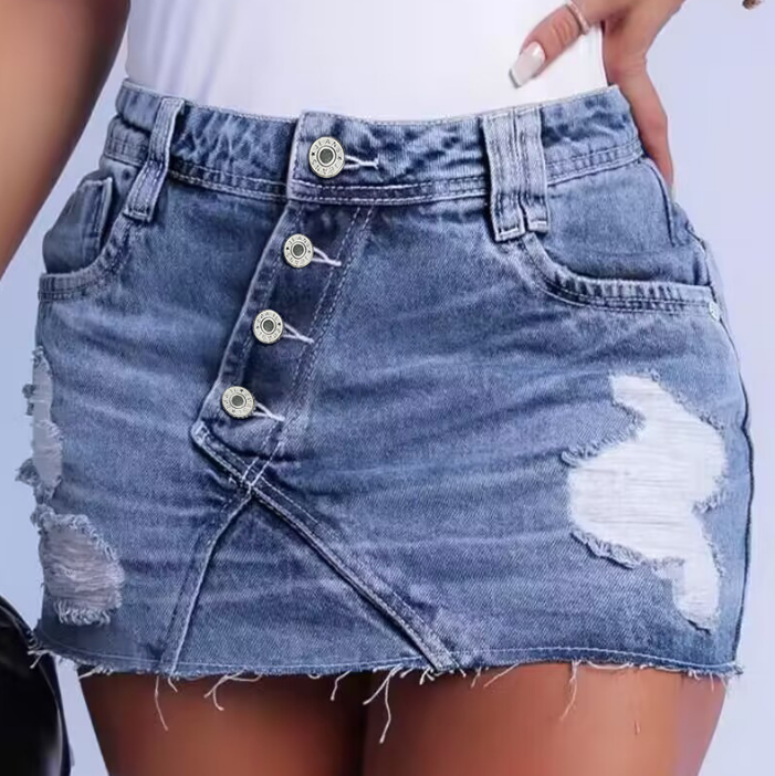 Sexy Button Stitching Irregular Perforated Denim Skirt