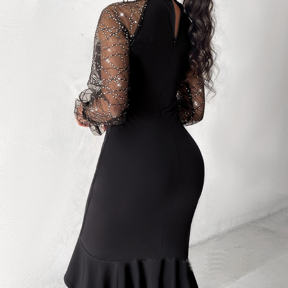 Mesh Glitter Splicing Ruffle Edge Dress