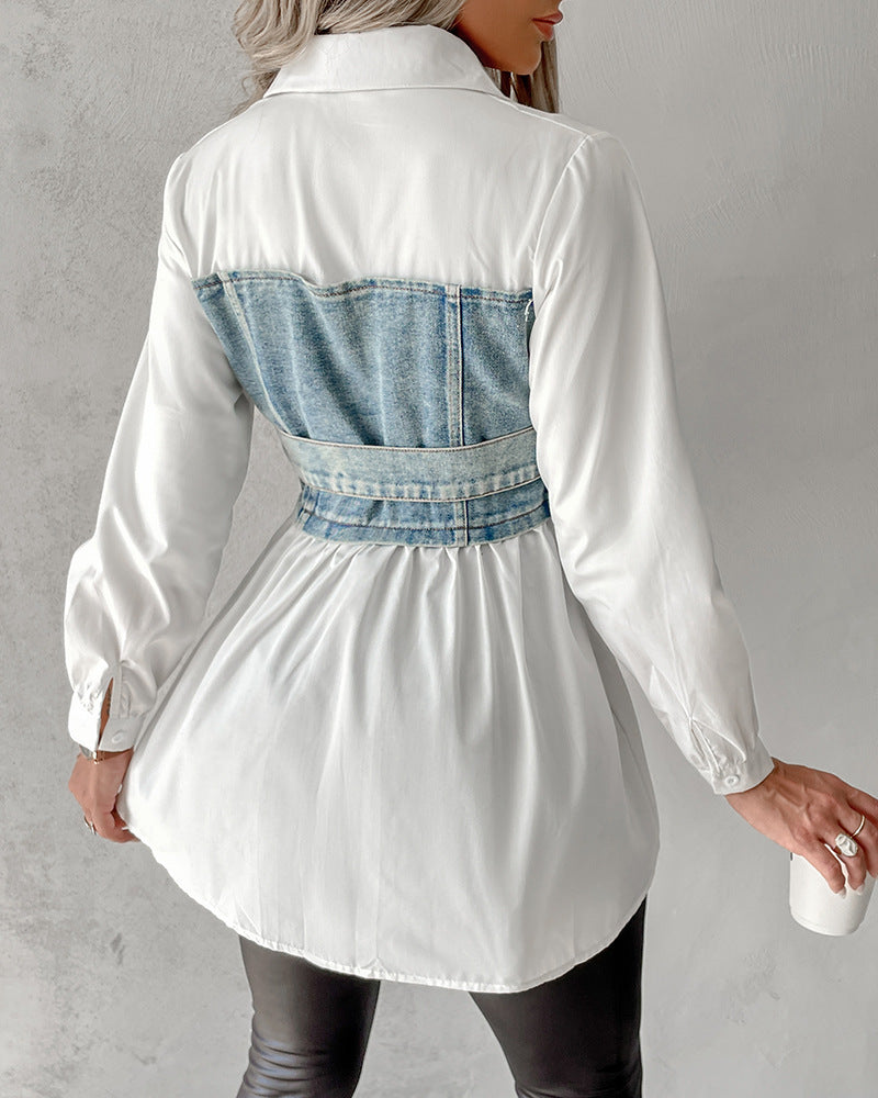 Women'S Denim Patchwork Shirt Top