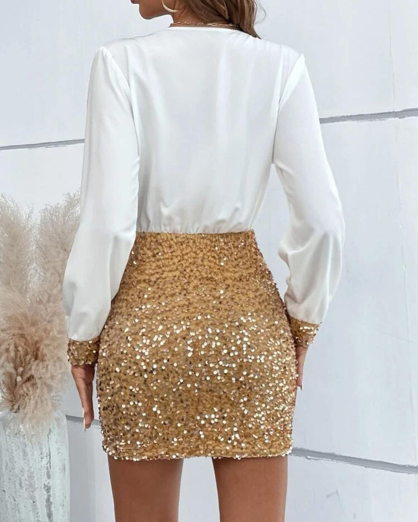 Fashion Sequins Spliced V-Neck Long Sleeved Dress