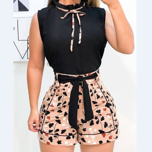 Printed Floral Sexy Sleeveless Vest Set