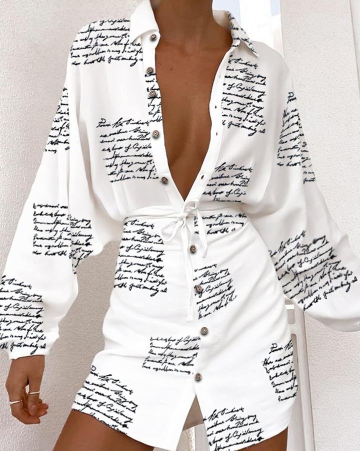 Casual High Waist Button Long Sleeve Dress