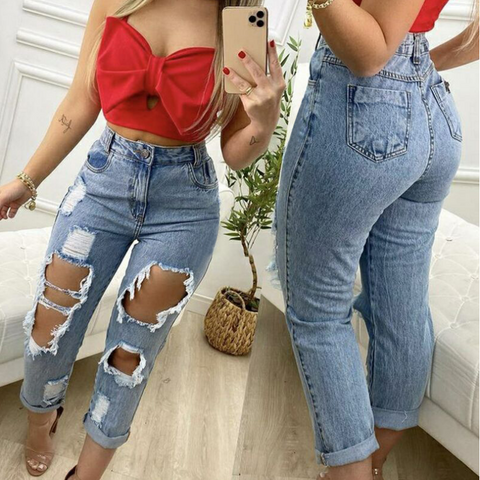 Casual Elastic Hole Denim Pants
