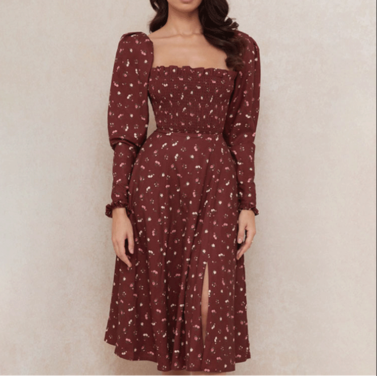 Printed Floral Long Sleeve Split Dress
