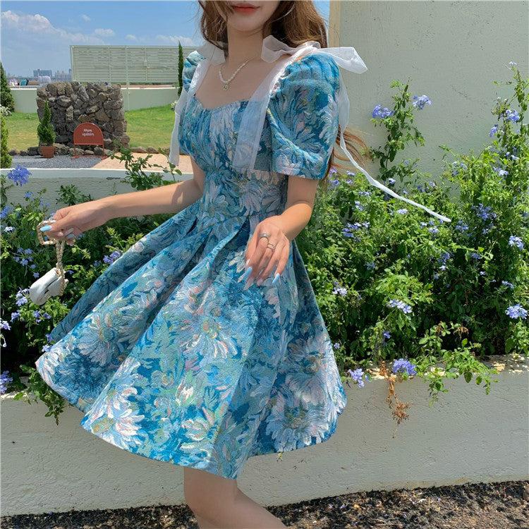 Printed Bowknot Short Sleeve High Waist Dress