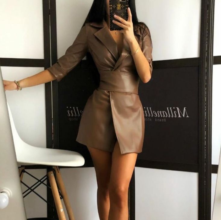Solid Leather Long-Sleeved Dress