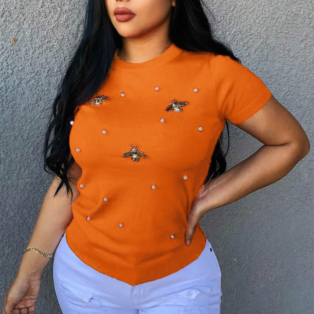 Short Sleeve Stretch Beaded Butterfly Round Neck Plus Size T-Shirt