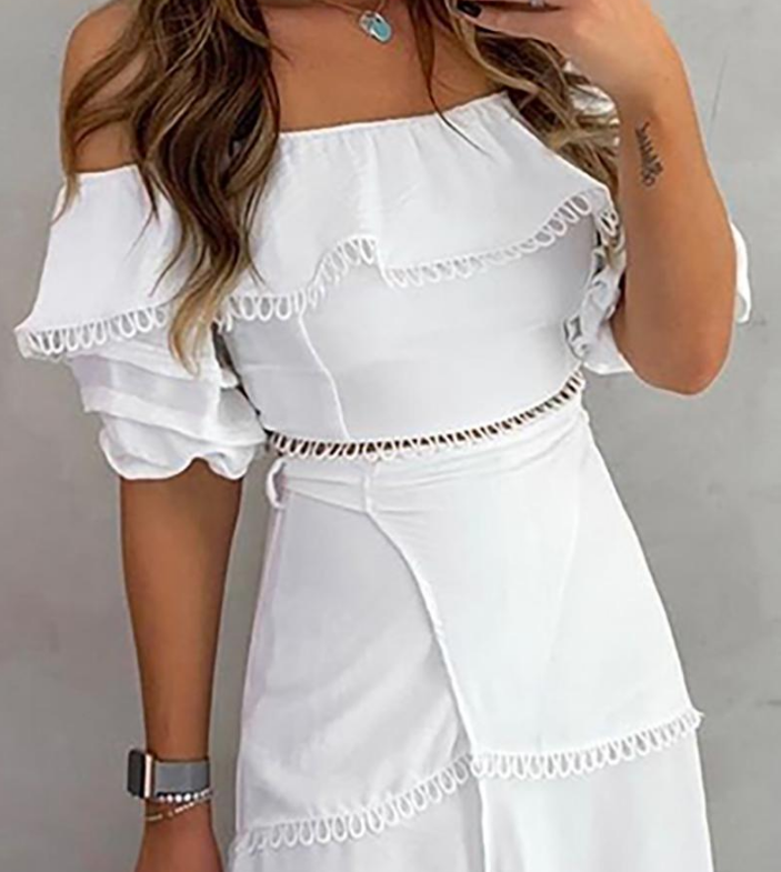 Design Pure Color Off Shoulder Ruffle Set Dress