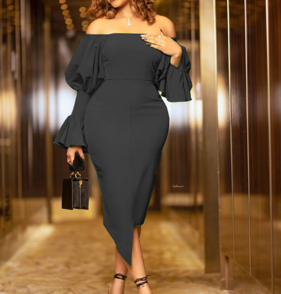 Long Sleeve Sexy One Shoulder Solid Color Backless Dress