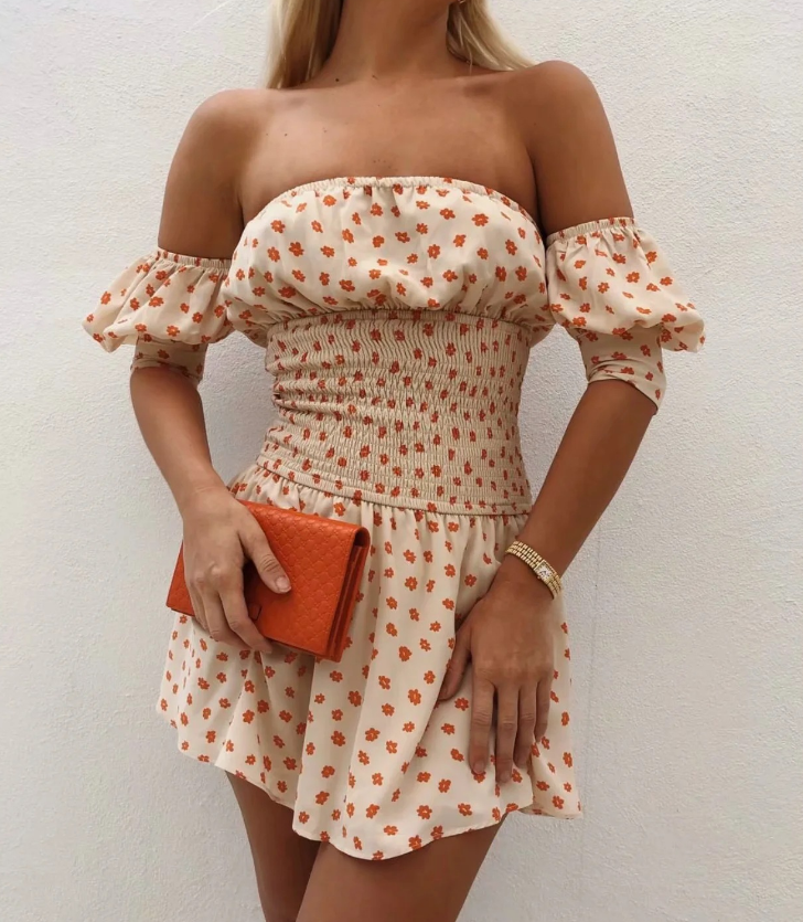 Women'S Retro Printing One Word Collar Short Sleeve Dress