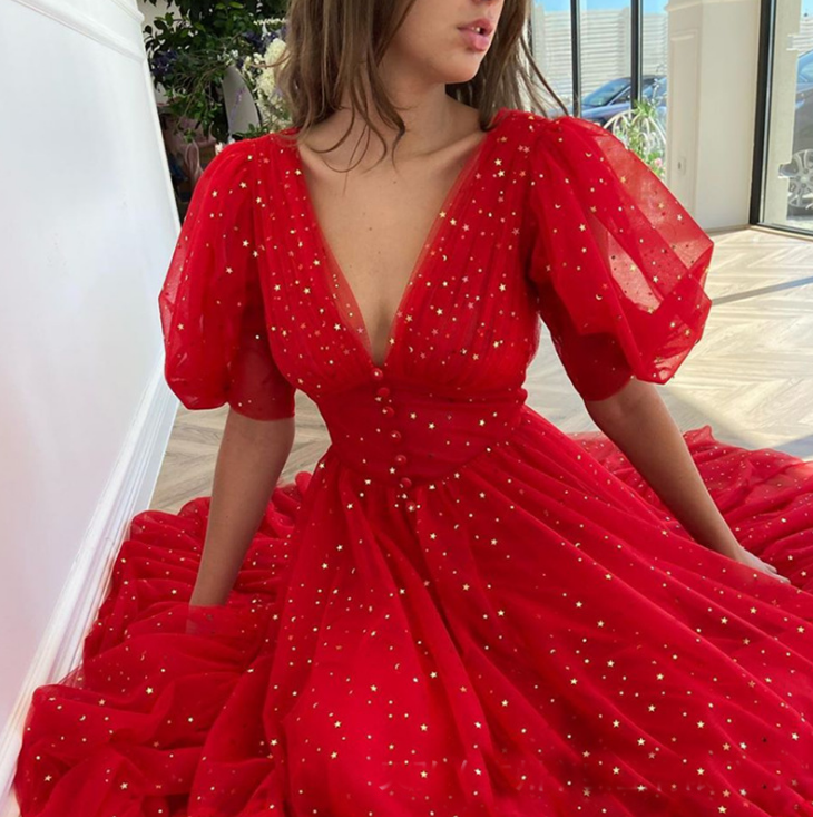 V-Neck Women'S Solid Color Short Sleeve High Waist Dress