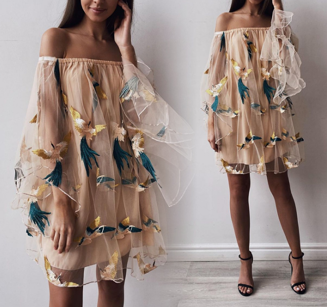 Temperament Women'S Bat Sleeve Loose Embroidered Dress