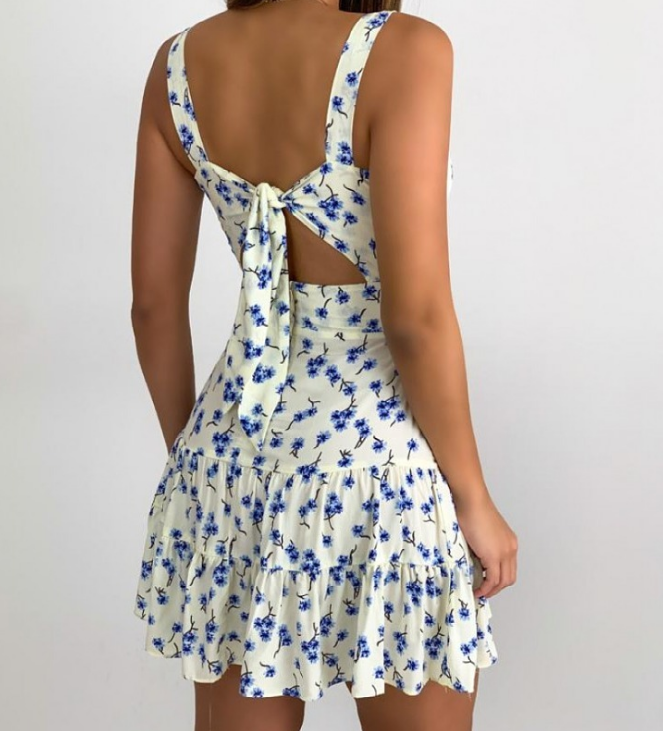 Printed High-Waist Women'S Ruffled Floral Sling Dress