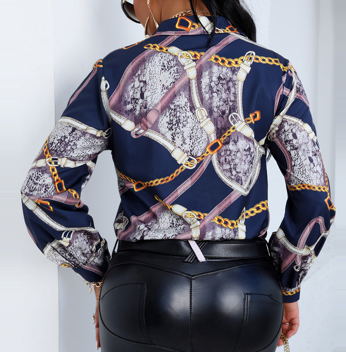 Chain Print Loose Long-Sleeved Button Casual Shirt