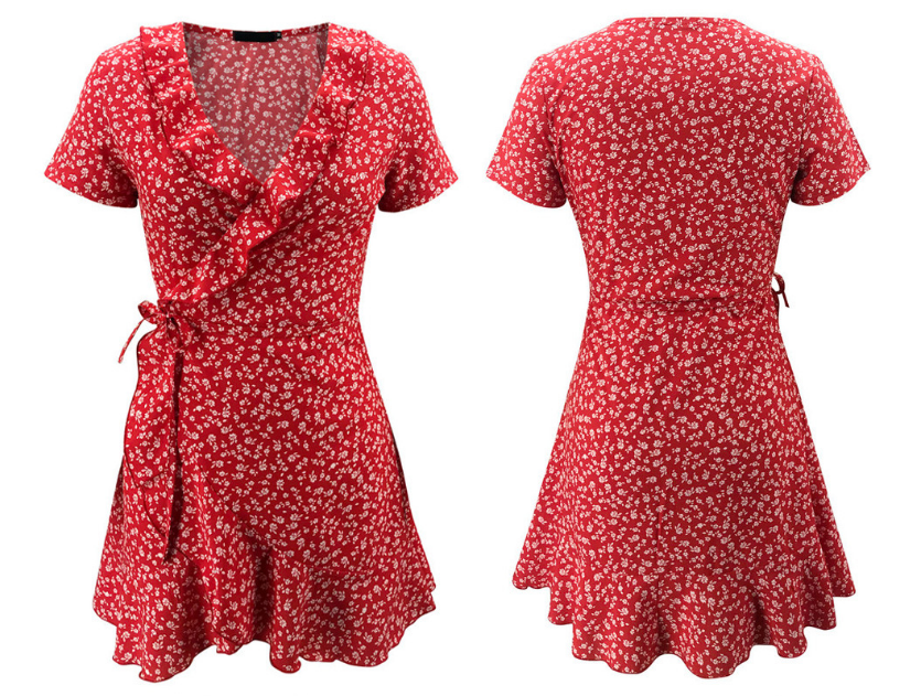 Sexy V-Neck Short-Sleeved Flouncing Dress