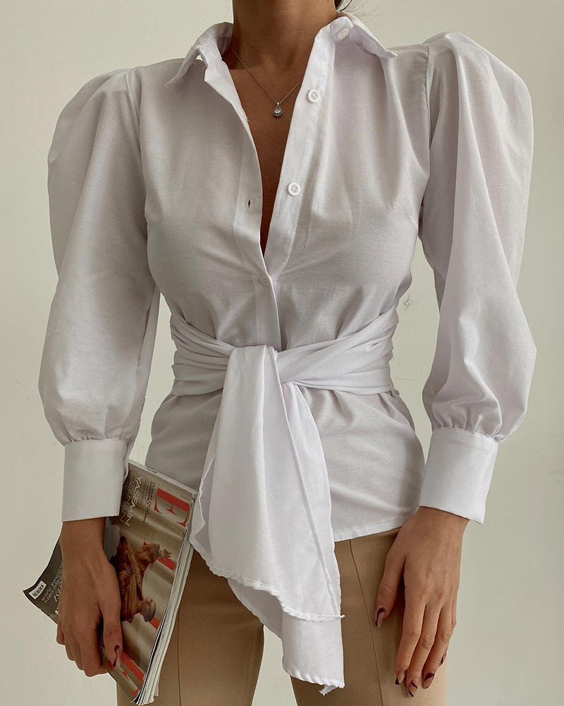 White Solid Color Long-Sleeved Shirt Top