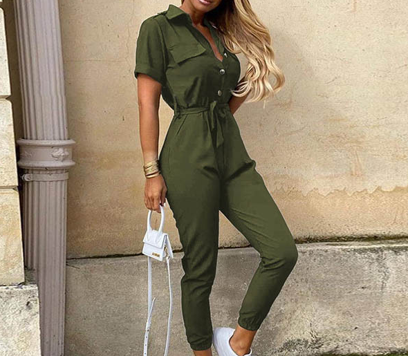 Casual Short Sleeve Black Jumpsuit