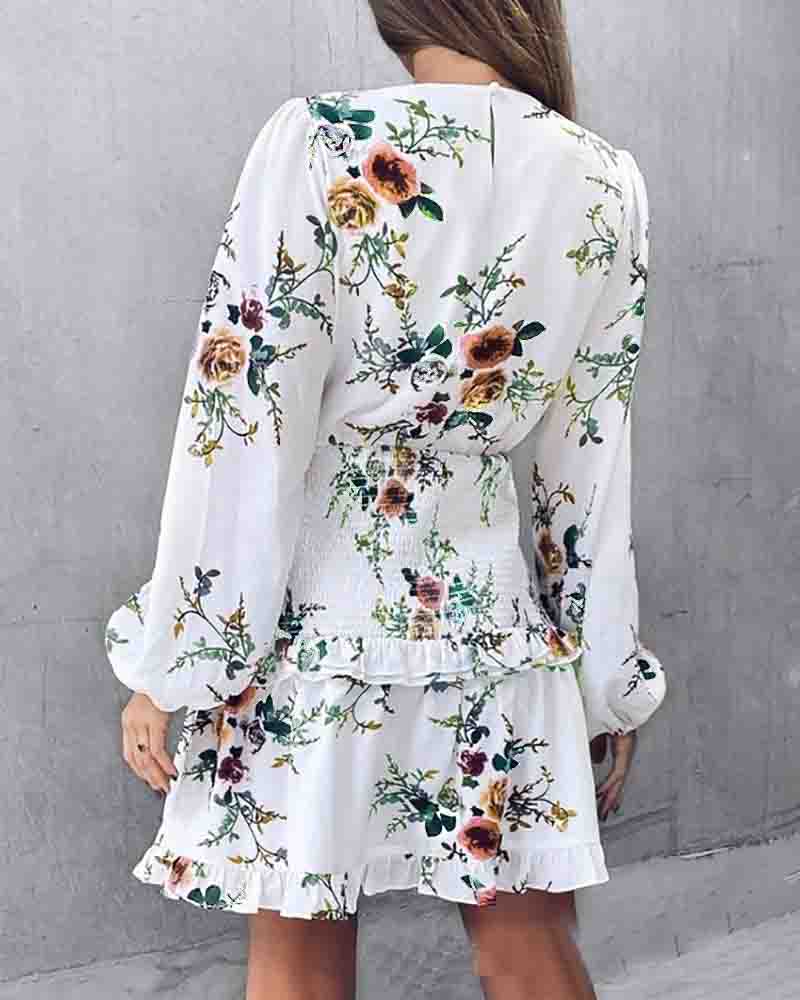 Women's White Floral V-Neck Long Sleeve Dress