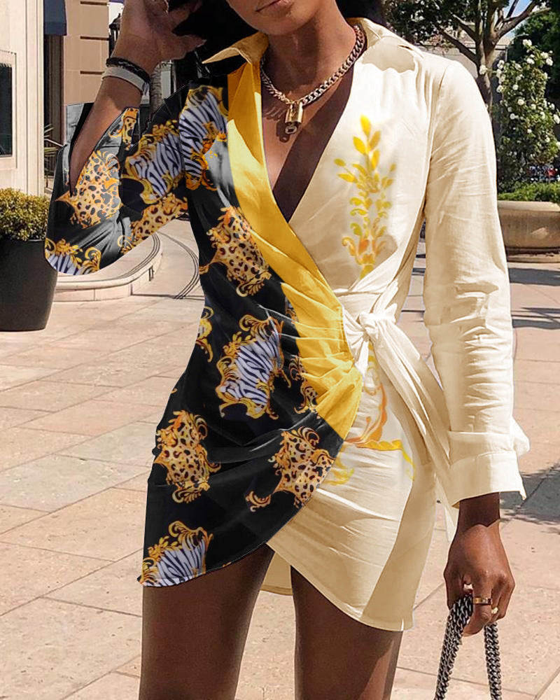 Sexy Print Stitching Long Sleeve High Waist Dress