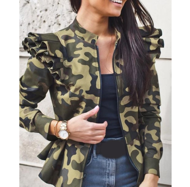 Zipper Printing Flounced Long Sleeve Coat