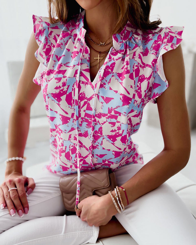 Printed V-Neck Sleeveless Shirt Top