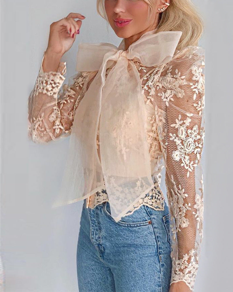 Solid Color Bowknot Mesh Shirt Top
