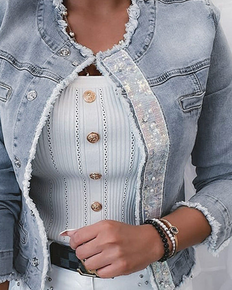 Long Sleeve Light Blue Hot Drill Denim Jacket