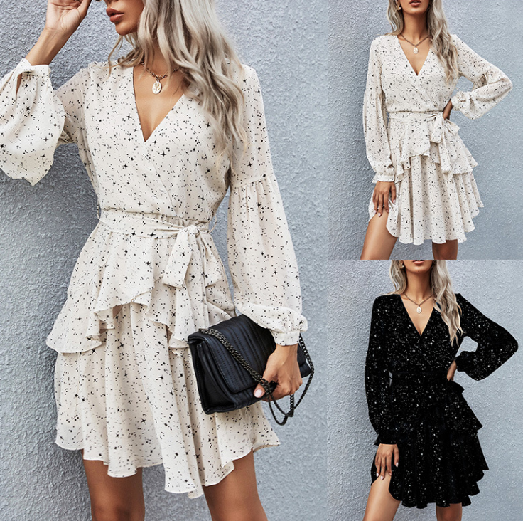 Irregular V-Neck Temperament Long-Sleeved Dress