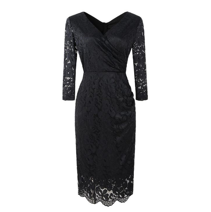 Cross V-Neck Lace Pencil Dress