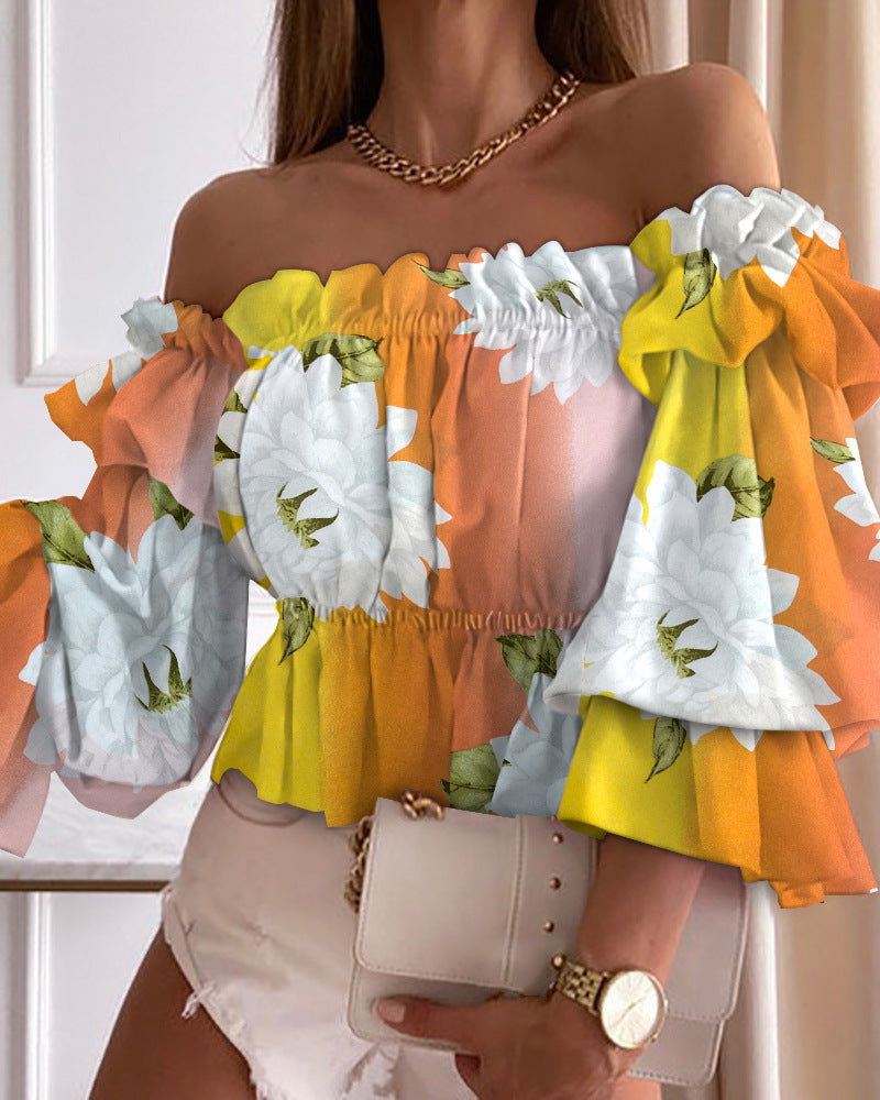 Women's Print Off-Shoulder Long-Sleeve Top