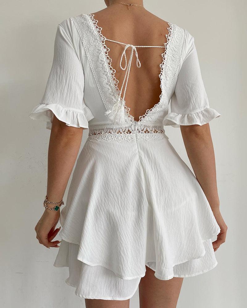 Casual White Deep V-Neck Lace Jumpsuit