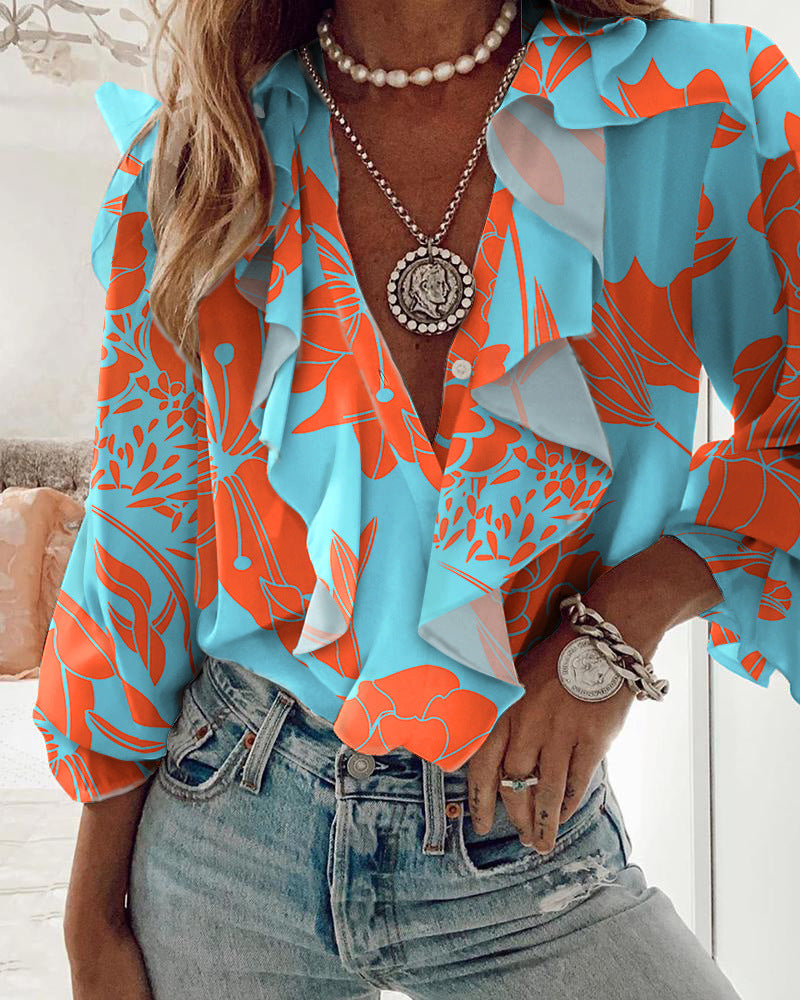 Long-Sleeve Women's Print Ruffled Shirt Top