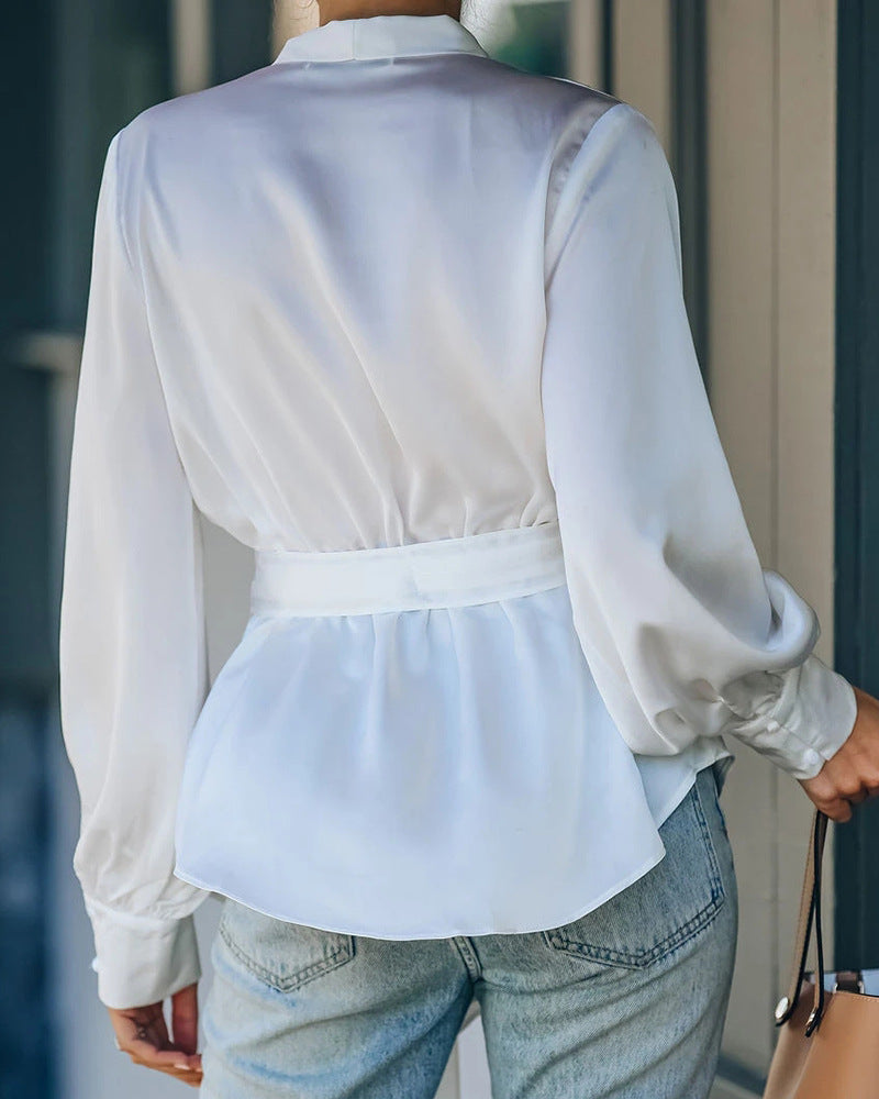 V-Neck Long-Sleeved Chiffon Shirt Top