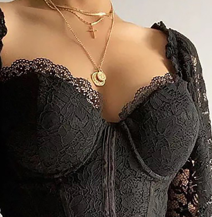 Long Sleeve Black Lace T-Shirt