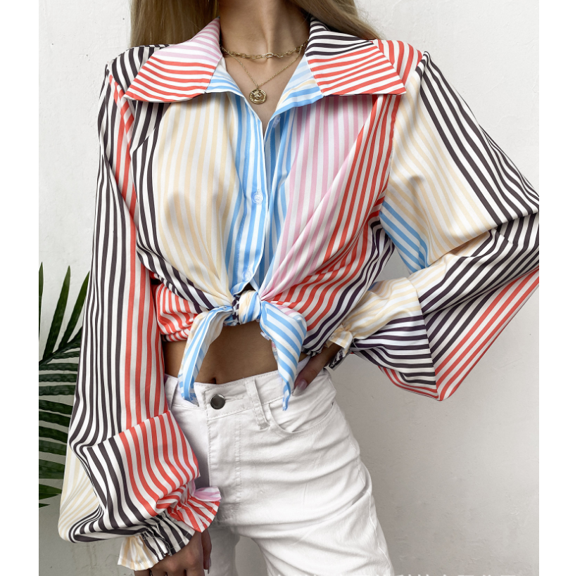 Long Sleeve Stripe Print Chiffon Blouse