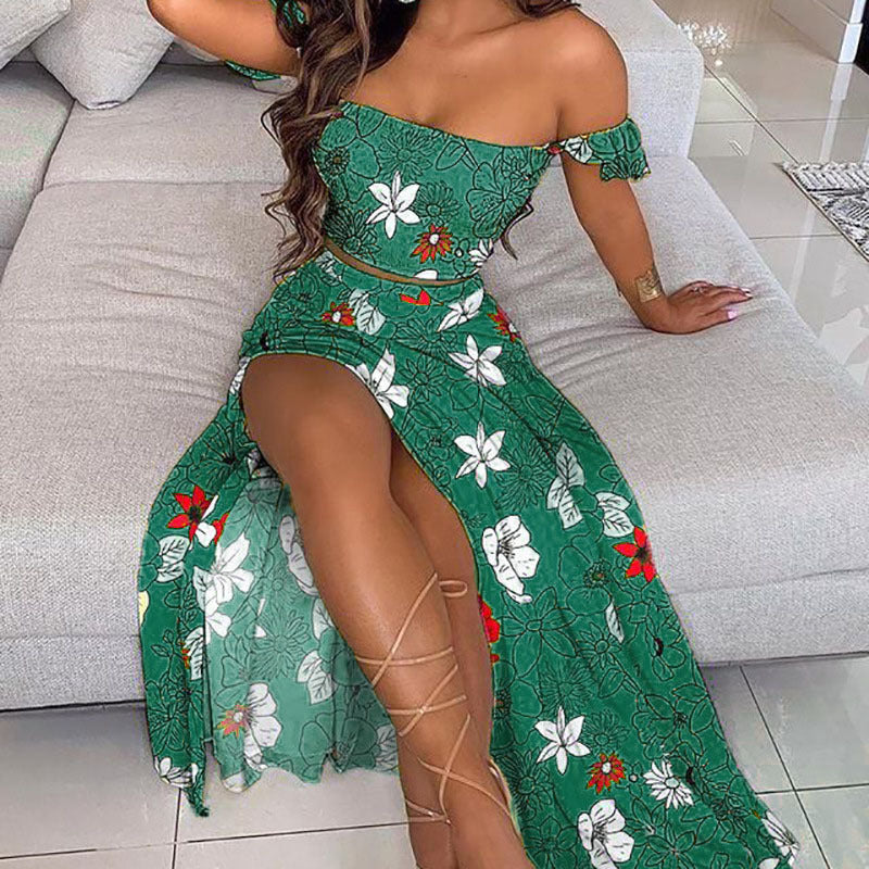 Irregular Sexy Print Slit Two Piece Dress