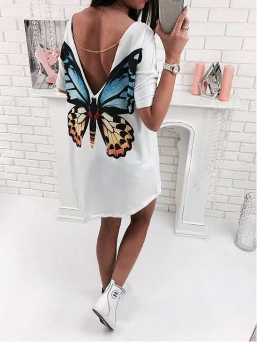 Deep V Print Sexy Backless Short Sleeve Top T-Shirt