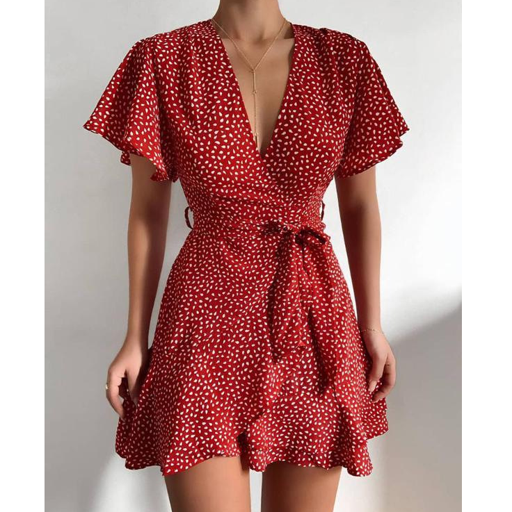 V-Neck Short-Sleeved Flounced Princess Dress