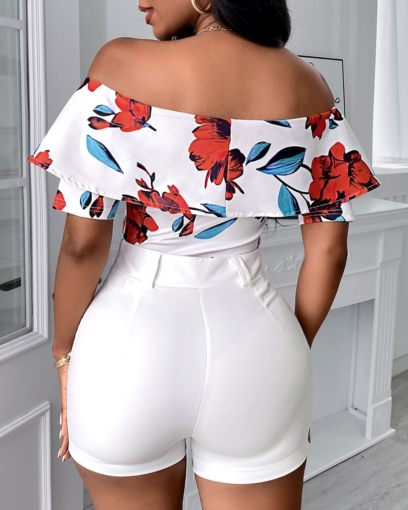 Fashion Printed One-Way Neck Strapless Short Sleeves Shorts Two-Piece Suit