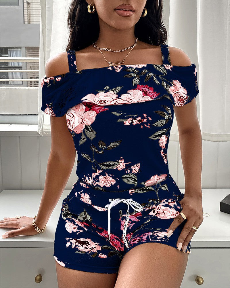 Floral Sling Strapless High Waist Shorts Two-Piece Suit