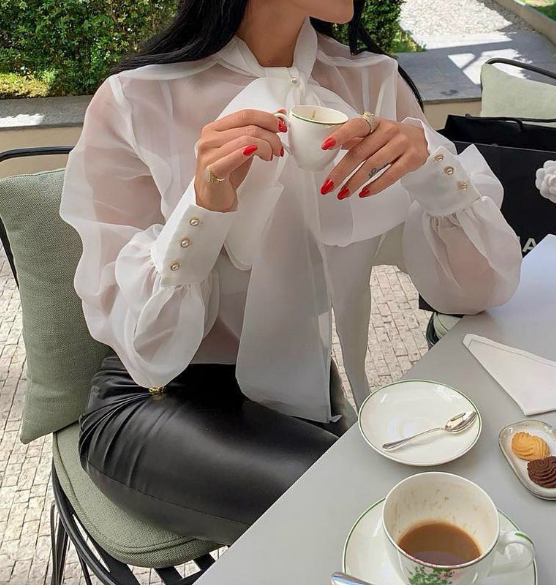 Solid Color Long-Sleeved Bow Puff Sleeve Shirt