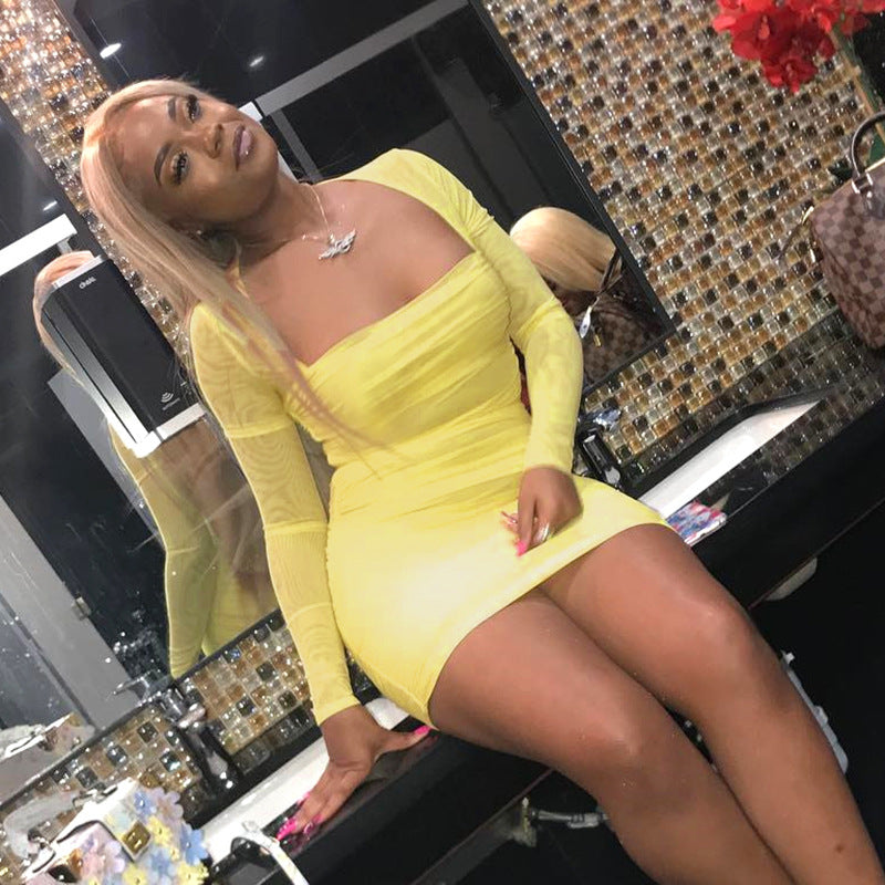 Sexy Yellow Long-Sleeved Package Hip Dress